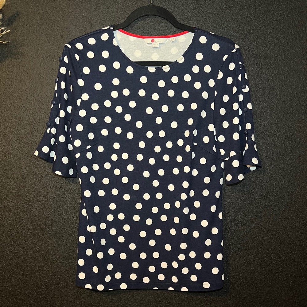 Boden Navy Polka Dot Top Womens 8 Flutter Sleeve Stretch Blouse Classic Chic